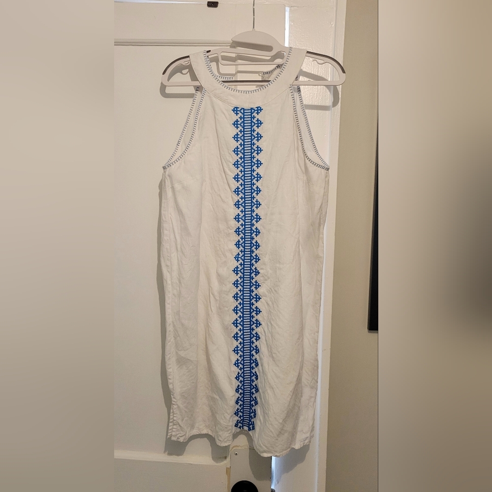 Lucky Brand Embroidered Sleeveless Dress in White and Blue